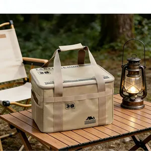 Large tactical camping storage bag for outdoor cookware on a wooden table