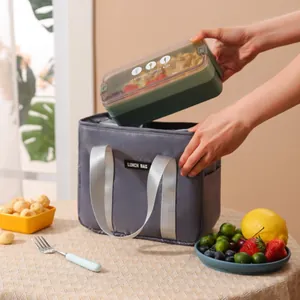 Grey insulated lunch bag with silver straps and green bento box for work or school