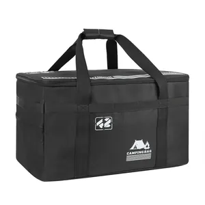 Large capacity black camping gear storage bag with tactical webbing and durable handles