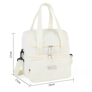 Cream double-layer insulated lunch bag with quilted pattern and size dimensions