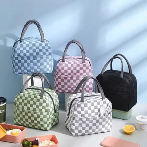 Women Large Capacity Insulated Lunch Bag Oxford Cloth Thermal Bento Tote Checkerboard Pattern School Office Picnic