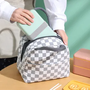 Large insulated lunch bag with grey checkered pattern for office or school use