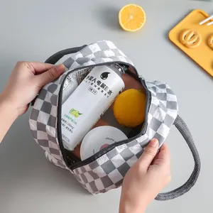 Large capacity insulated lunch bag featuring a grey and white checkerboard design