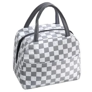 Large capacity insulated lunch bag with grey and white checkerboard pattern for work and school