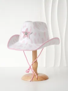 Pink-weißer Cowboyhut mit Kuhmuster und Paillettenstern für Partys und Events