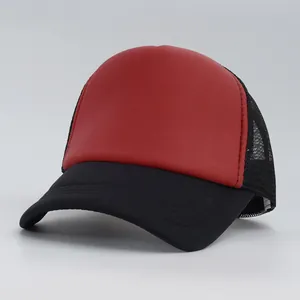 Fashionable red and black mesh trucker hat with a solid brim shown from a side profile