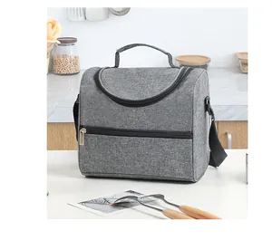 Detailed view of grey fabric texture and dual zipper design on large lunch bag