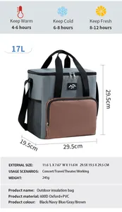 Specifiche dettagliate della borsa termica da esterno da 17 litri con dimensioni e materiale.
