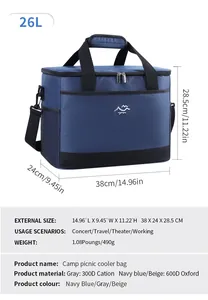 Detaillierte Abmessungen und Spezifikationen der isolierten 26L Marine-Kühltasche für Camping