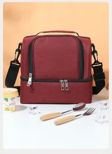 Large capacity insulated burgundy lunch bag with double layers and adjustable strap for picnics