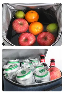 Détail intérieur du sac à dos isotherme étanche montrant la doublure avec de la glace et des fruits