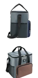 Dettaglio borse termiche grigie per picnic con tasche marroni e blu