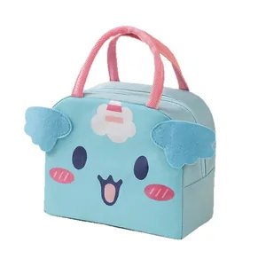 Sac à lunch isotherme mignon bleu clair avec poignées roses et détails d'ailes en 3D