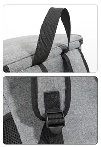Detailed close-up of gray insulated backpack handle and adjustable strap buckle parts