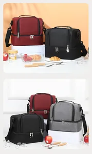 Large double layer insulated lunch bags shown in red black and grey colors with straps