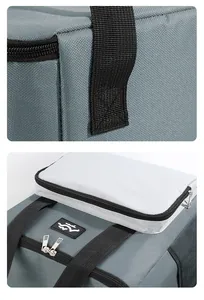 Dettaglio delle cuciture e cerniere resistenti di una borsa termica da picnic.