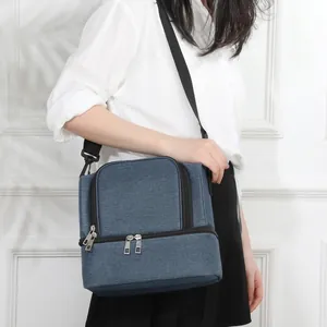 Large insulated double-layer lunch bag with adjustable shoulder strap, blue color