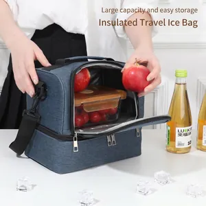 Large capacity insulated blue lunch bag for outdoor picnics and camping travel use