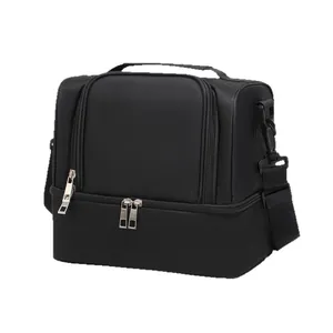Large capacity black insulated lunch bag with shoulder strap for picnic and office