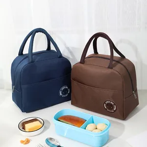 Two stylish insulated lunch bags in blue and brown featuring a cute cartoon bear logo