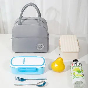Grey portable insulated lunch bag with cute panda logo for office workers and students