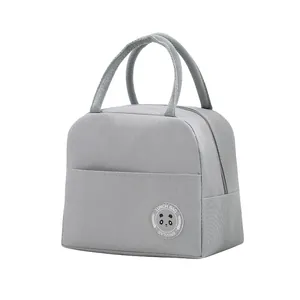 Premium grey insulated oxford cloth lunch bag featuring a cute panda patch and handles