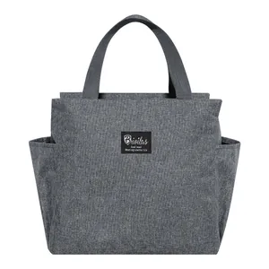 Large grey insulated lunch bag with handles and Brivilas logo label for office work