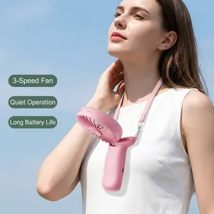 Portable pink foldable neck fan with 3 speeds, quiet USB rechargeable handheld fan