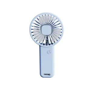 Portable light blue USB rechargeable handheld mini fan featuring a minimalist design on white