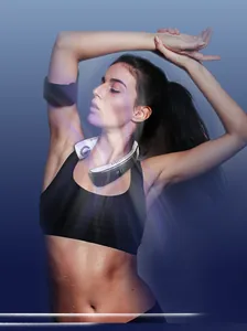 Model wearing portable bladeless neck fan after workout with sweat details