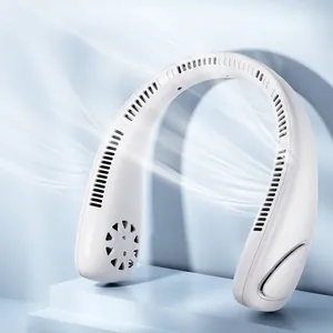 Portable white bladeless neck fan with USB rechargeable battery and silent high speed airflow