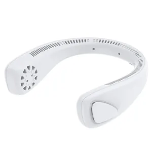 Portable white bladeless neck fan with USB rechargeable battery for outdoor use