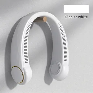Portable glacier white bladeless neck fan with USB charging and quiet brushless motor