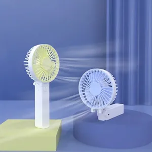 Portable foldable USB rechargeable mini fan for handheld and desktop use blue yellow
