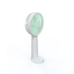 Portable mini handheld USB rechargeable fan with desktop stand in white and mint green