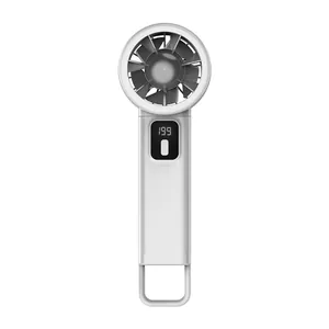 Portable white turbo handheld fan with digital power display and carabiner hook
