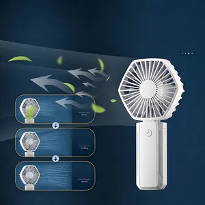Mini ventilador de mano USB recargable blanco con 3 velocidades, diseño hexagonal