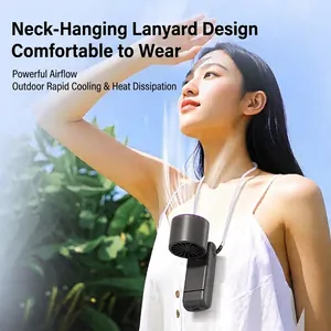 Portable Y31 neck-hanging USB rechargeable cooling fan worn by a model in outdoor sunlight