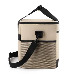 Große isolierte beige Kühltasche für Camping und Picknick mit Netztasche vorne