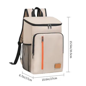 Beige insulated picnic backpack with dimensions 15.5x10.6x6.7 inches for camping.