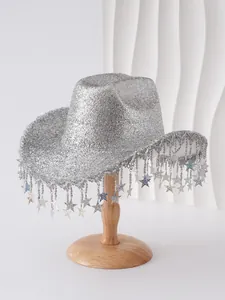 Sparkling silver cowboy hat with dangling iridescent star tassels on a wooden stand