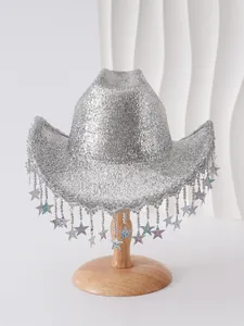 Detailed view of a silver glitter cowboy hat with shimmering star fringe tassels for party