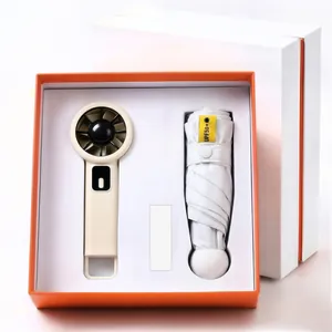 Φορητό σετ δώρου με ανεμιστήρα USB και ομπρέλα UPF50+ σε κομψό πορτοκαλί κουτί δώρου