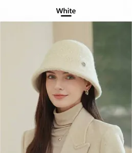 Elegant white granular wool bucket hat for women with warm autumn texture and soft fit