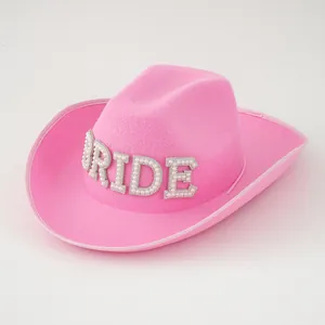 Damen Barbie Pink Braut Cowboyhut Perle Strass Western Hochzeit Party Hut Retro Polyester Filz Textur Cowboyhut