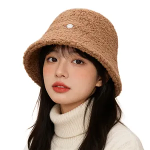 Stylish camel-colored sherpa lamb wool bucket hat for women winter warm fashion accessory