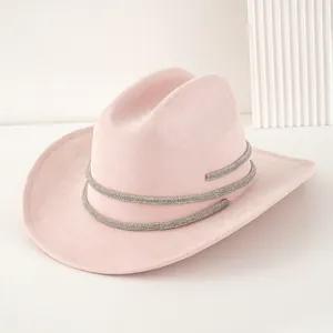 Damen Eleganter Rosa Polyester Cowboyhut Mit Strassband Fedora Westernhut Für Festival Party Hochzeitsfeier Mode Hut
