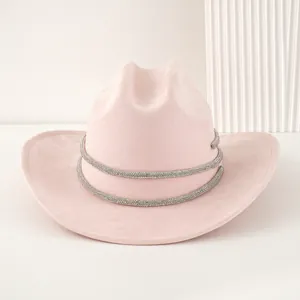 Eleganter rosa Wildleder-Cowboyhut für Damen mit doppelten funkelnden Strassbändern