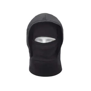 Front view detail of a black fleece balaclava mask for winter outdoor wind protection.