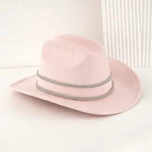 Eleganter rosa Wildleder-Cowboyhut für Damen mit doppelten Strassbändern
